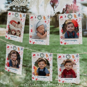 Editable Christmas Birthday Monthly Photo Banner Oh What Fun Christmas Birthday Party Red & Blue Boy Christmas Party Instant Download HHJ