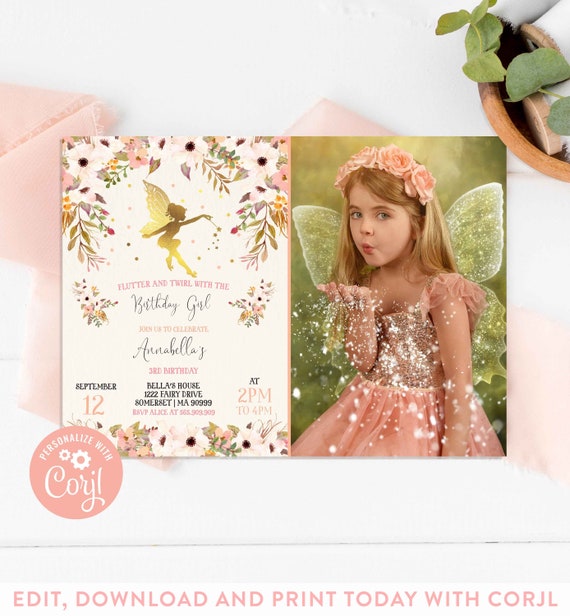 Fairy Invitation Fairy Birthday Invitation Rustic Floral Fairy Invitation Magical Floral Fairy Party Instant Download Editable Corjl RF Il_570xn