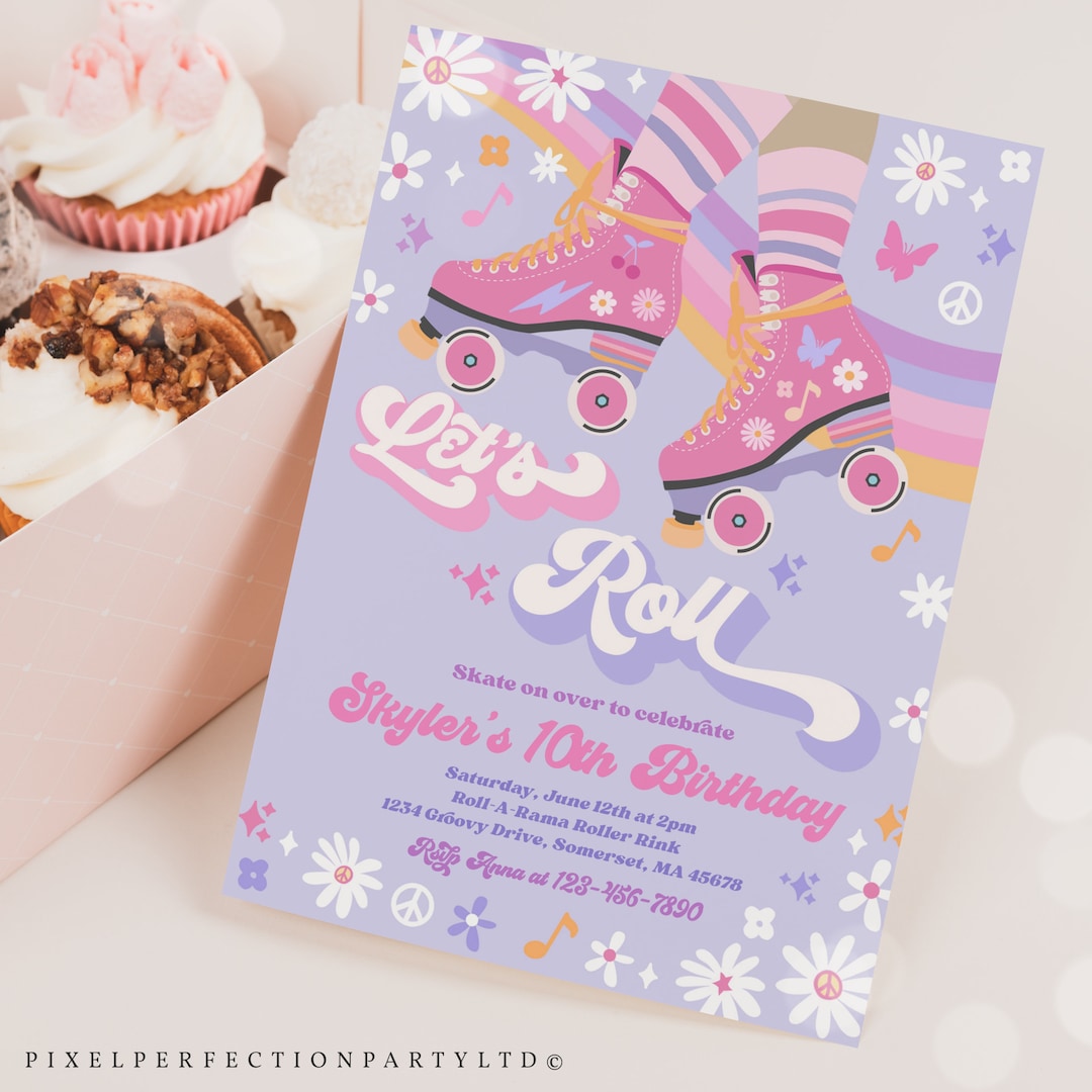 Editable Roller Skating Birthday Party Invitation Groovy Retro Roller