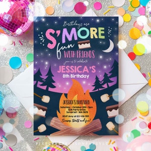 May include: A colorful invitation for a birthday party with a campfire and s'mores theme. The invitation says "Birthdays are S'more Fun with Friends" and includes the name Jessica and the date and time of the party.