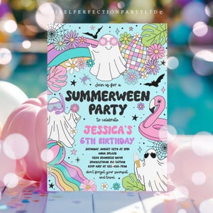 Editable Summerween Birthday Party Invitation Summer Halloween Ghost Birthday Groovy Rainbow Ghost Summer Pool Party Instant Download 37Y image 2