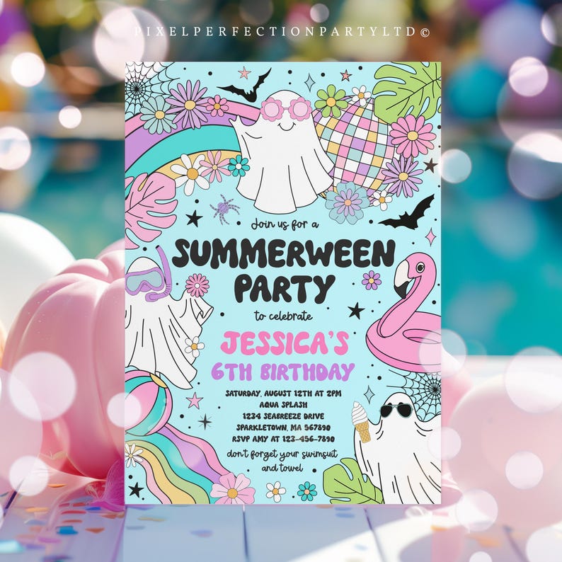 Editable Summerween Birthday Party Invitation Summer Halloween Ghost Birthday Groovy Rainbow Ghost Summer Pool Party Instant Download 37Y image 2