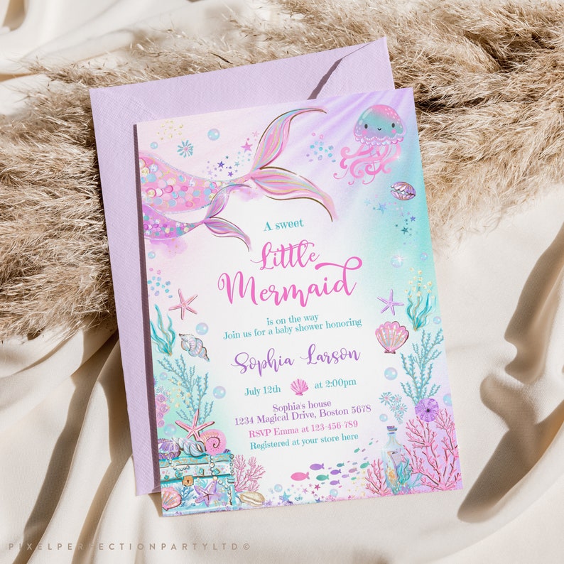 May include: A baby shower invitation with a mermaid illustration. The invitation is decorated with seashells, starfish, and bubbles. The text reads "A sweet little mermaid is on the way. Join us for a baby shower honoring Sophia Larson. July 12th at 2:00pm. Sophia's house 1234 Magical Drive, Boston 5678. RSVP Emma at 123-456-789. Registered at your store here."