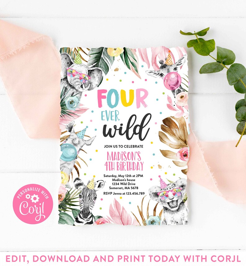 Download Editable Four Ever Wild Birthday Invitation Safari Animals ...