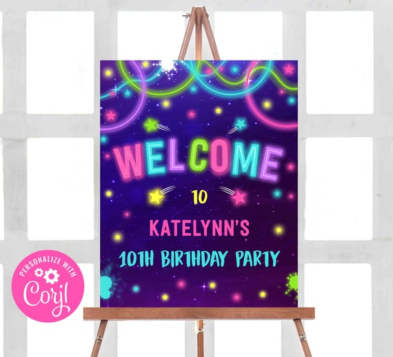 Glow Birthday Welcome Sign Glow Party Neon Glow Welcome Sign Neon Glow Party Glow In The Dark Birthday Party Instant Download Editable NG Il_570xn