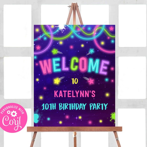 Glow Birthday Welcome Sign Glow Party Neon Glow Welcome Sign Neon Glow Party Glow In The Dark Birthday Party Instant Download Editable NG