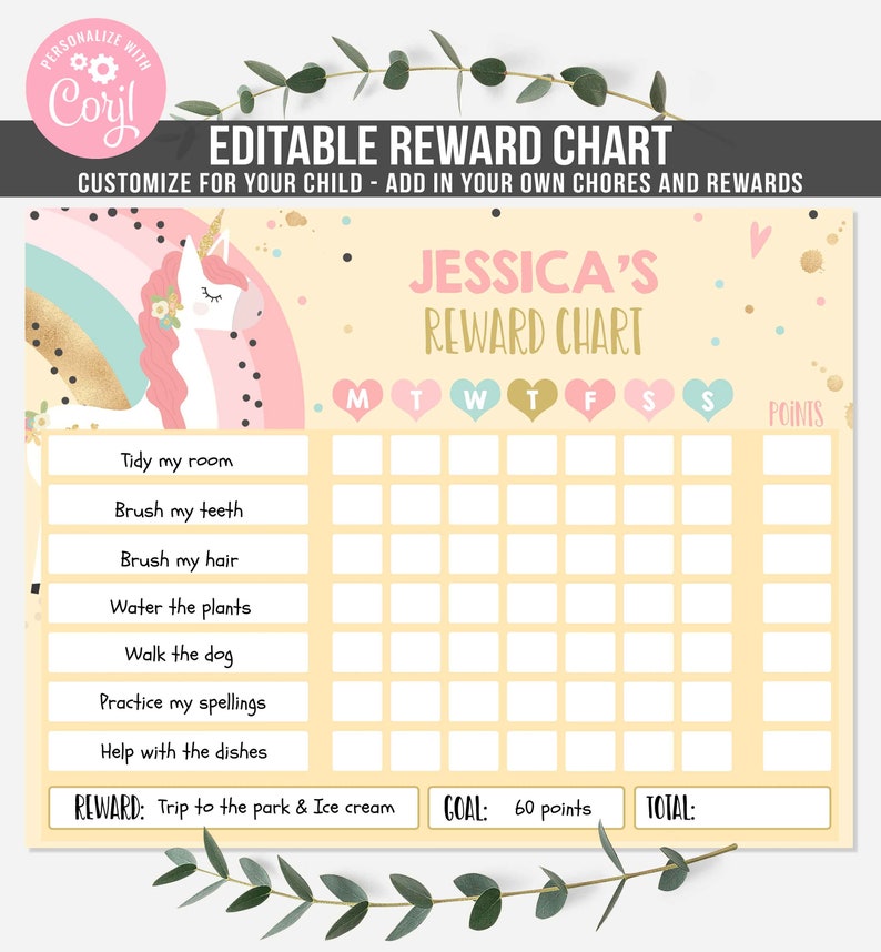 editable unicorn reward chart unicorn kids chore chart kids etsy