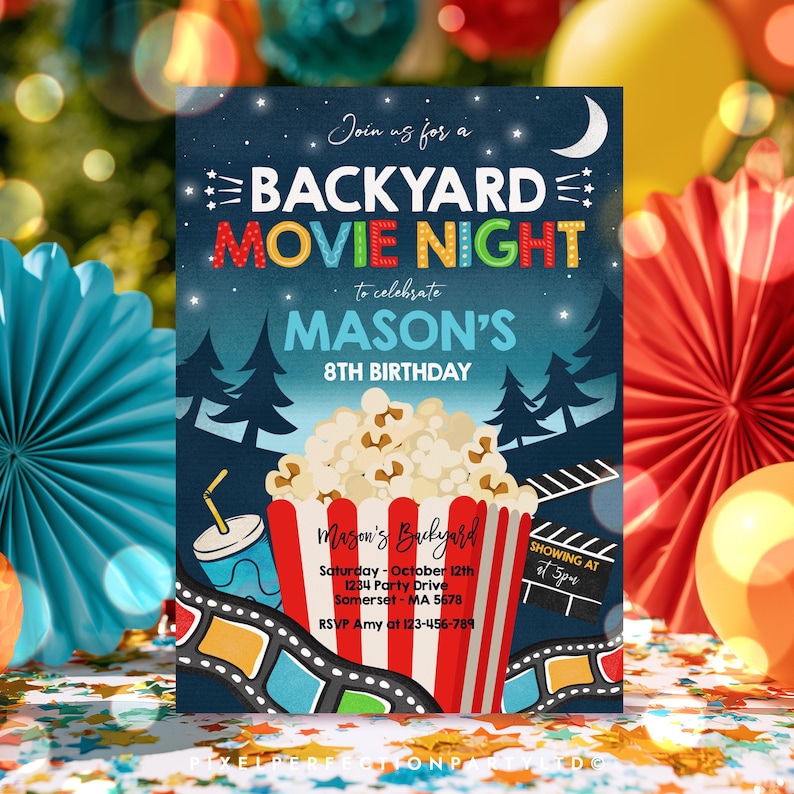 May include: A rectangular invitation card for a backyard movie night birthday party. The dark blue background features a crescent moon, stars, and silhouettes of pine trees. A red and white striped popcorn bucket is centered with text.