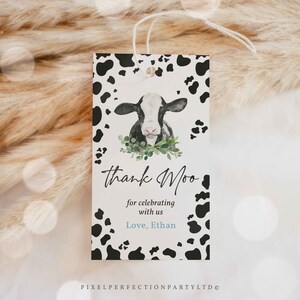 Editable Cow Birthday Party Favor Tags Holy Cow I'm One Birthday Decor Blue Farm Cow 1st Birthday Favors Instant Download Editable CZ