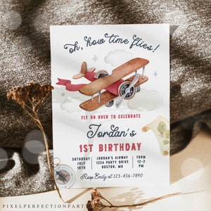 Editable Airplane Birthday Party Invitation Oh My Time Flies Birthday Party Vintage Travel Airplane 1st Birthday Party Instant Download 97Y