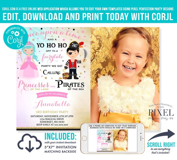Princess And Pirate Birthday Invitation Princess Pirate Invite Girl Boy Sibling Princess Pirate Party Instant File Editable File Corjl C8 Il_570xn