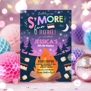 May include: A rectangular birthday invitation card featuring a dark blue night sky with stars, a crescent moon, and pine trees. The text reads Birthdays are S'MORE fun TOGETHER! Jessica's 8th Birthday. A campfire graphic sits above party details.