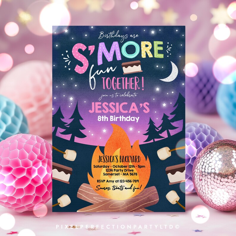May include: A rectangular birthday invitation card featuring a dark blue night sky with stars, a crescent moon, and pine trees. The text reads Birthdays are S'MORE fun TOGETHER! Jessica's 8th Birthday. A campfire graphic sits above party details.