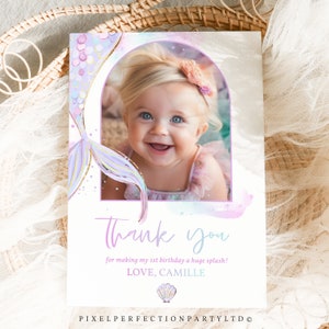 Editable Mermaid Birthday Flat Photo Thank You Card Mermaid Thank You Template Whimsical Mermaid Under The Sea Party Instant Download ZL