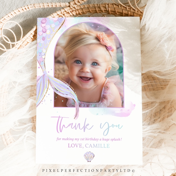 Editable Mermaid Birthday Flat Photo Thank You Card Mermaid Thank You Template Whimsical Mermaid Under The Sea Party Instant Download ZL