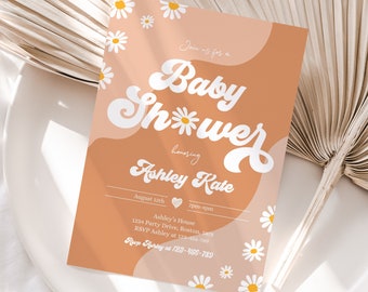 Editable Retro Baby Shower Invitation Retro Bohemian Hippie Vibes Daisy 70s Flower Power Baby Shower Invitation Instant Download FR