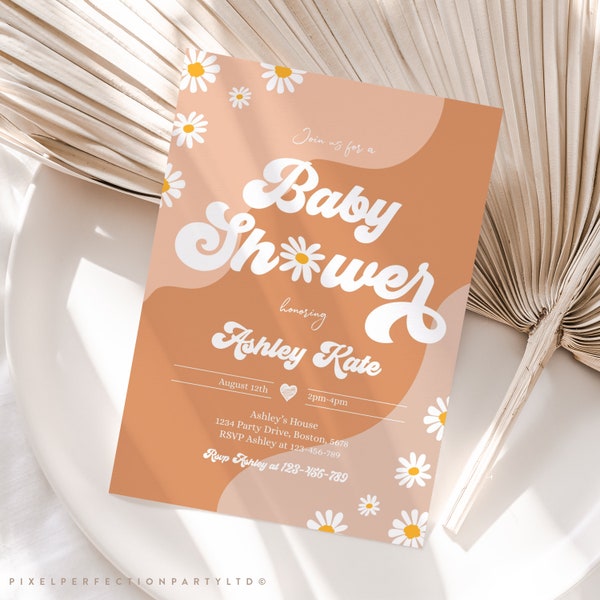 Editable Retro Baby Shower Invitation Retro Bohemian Hippie Vibes Daisy 70s Flower Power Baby Shower Invitation Instant Download FR