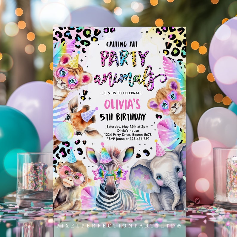 Editable Party Animals Birthday Invitation Pastel Rainbow Cheetah Print Leopard Print Wild Safari Animals Birthday Party Invite Download XQ image 1