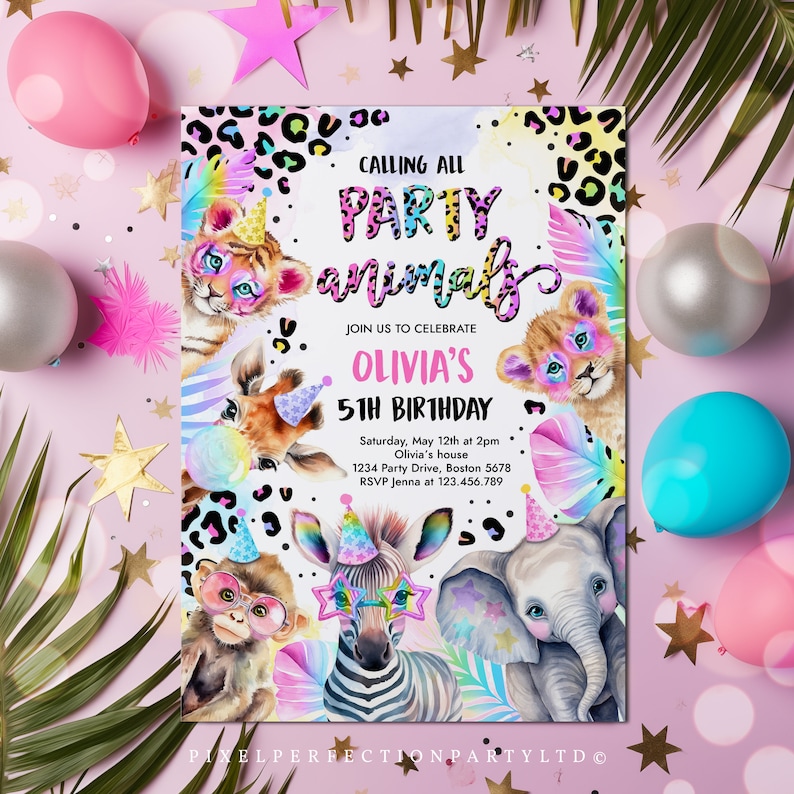 Editable Party Animals Birthday Invitation Pastel Rainbow Cheetah Print Leopard Print Wild Safari Animals Birthday Party Invite Download XQ image 4