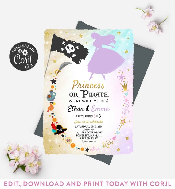 Princess And Pirate Birthday Invitation Princess & Pirate Invitation Sibling Girl Boy Combined Party Instant Download Editable PDF File 8J Il_570xn