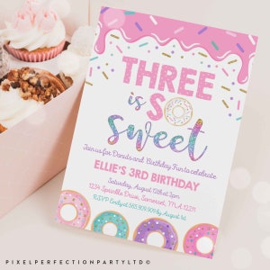 Editable Donut Three Is Sweet Birthday Invitation Girl Donut 3rd Birthday Party Pink Donut Birthday Party Instant Download Editable Corjl 9H