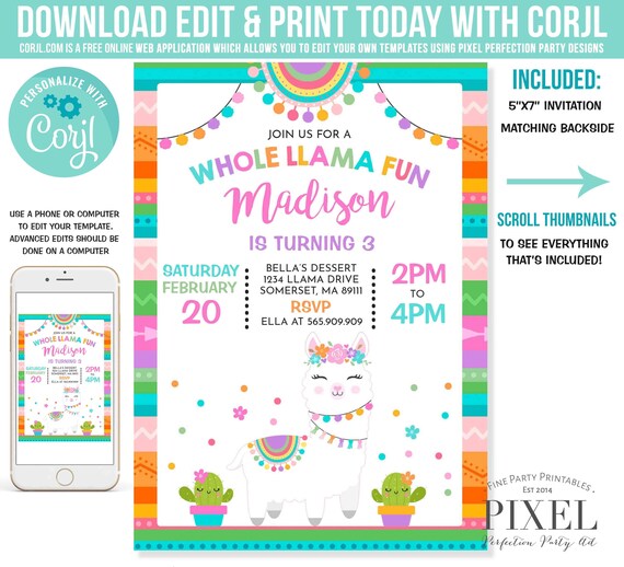 Llama Invitation Llama Birthday Invitation Whole Llama Fun Invitation Llama Party Alpaca Party Cactus Party Instant Download Editable PDF 8T Il_570xn