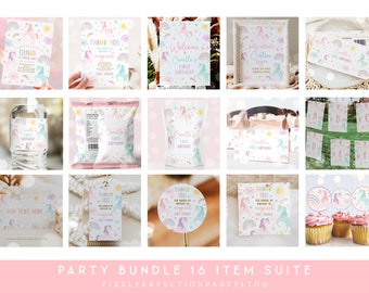 Editable Unicorn Birthday Party Invitation And Bundle Magical Fairytale Pastel Rainbow Unicorn Party Package Decor Instant Download UY6