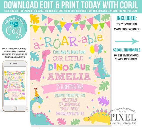 Girl Dinosaur Invitation Pink Dinosaur Birthday Invitation Dinosaur Party Girly Pink Dinosaur Party Instant Download Editable PDF File J4 Il_570xn