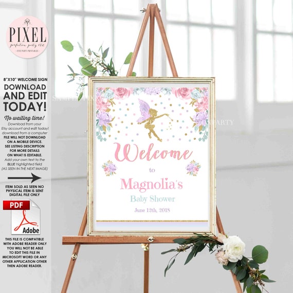 Editable Fairy Welcome Sign Editable Fairy Baby Shower Welcome Sign Fairy Sign Whimsical Floral Fairy Baby Shower Instant Download Sign FF1 Il_570xn