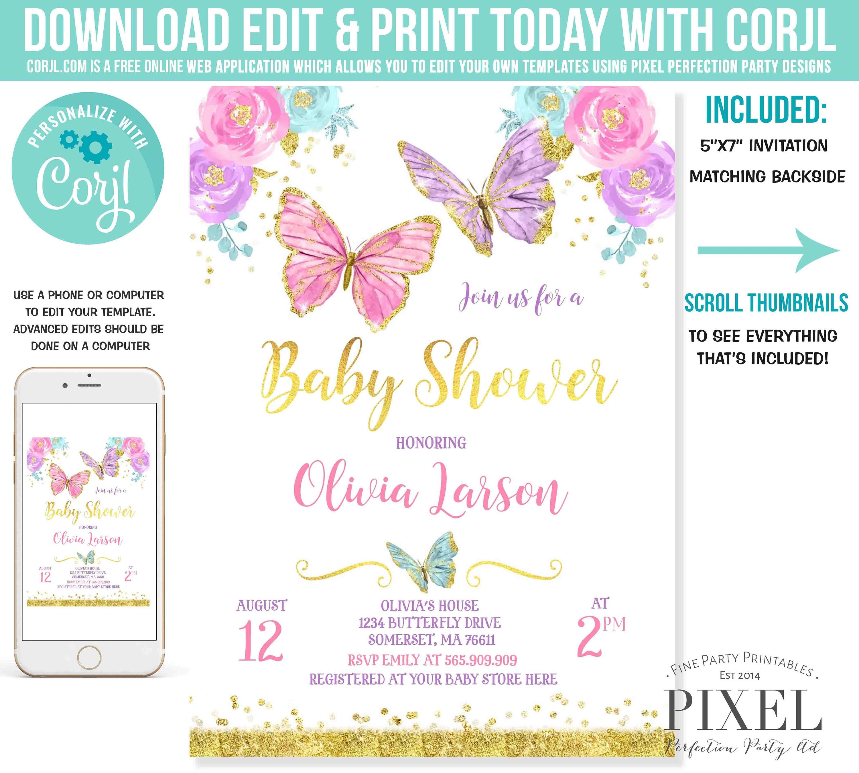 Butterfly Baby Shower Invitation Pink & Gold Butterfly Baby Etsy