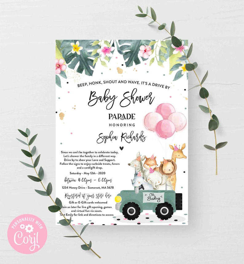 Editable Drive By Baby Shower Invitation Safari Animal ...