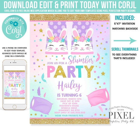 Slumber Party Invitation Slumber Birthday Party Invitation Sleepover Party Spring Bunny Sleepover Party Instant Download Editable PDF L3 Il_570xn
