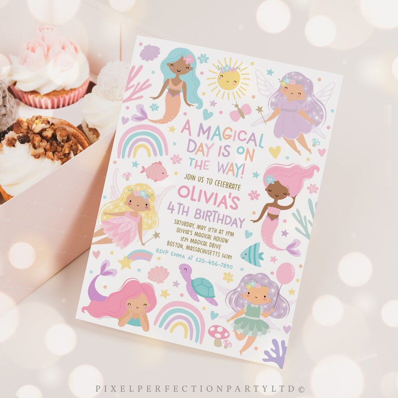Editable Mermaid And Fairy Birthday Invitation Whimsical Enchanted Mermaid Fairy Party Magical Princess Party Instant Download Editable FO image 4