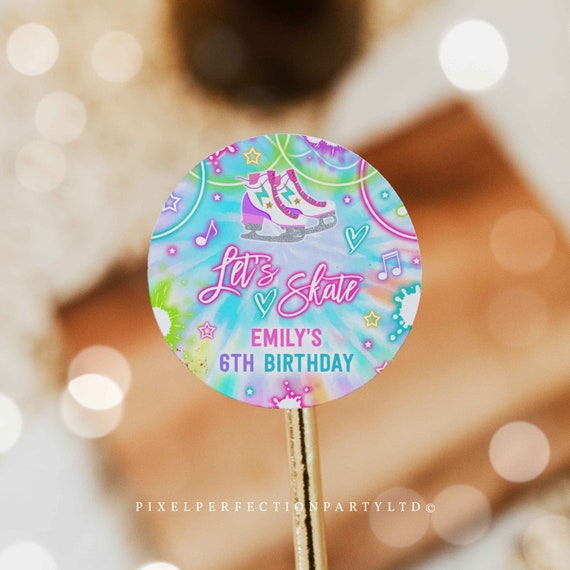Editable Ice Skating Birthday Party Favor Tag Tie Dye Ice Skating Gift