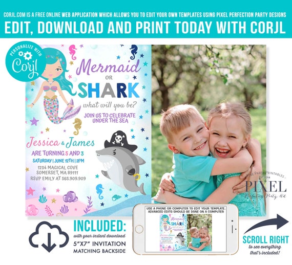 Mermaid And Shark Invitation Mermaid Or Shark Birthday Invite Sibling Girl Boy Birthday Mermaid Shark Party Instant Download Editable PDF K6 Il_570xn