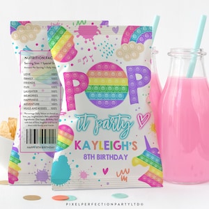 fidget toys chip snacks pouch Pop it chips bag 175HPA 30 G wrapper any age bubble girl unicorn mermaid birthday party editable template