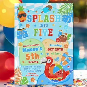 May include: A colorful birthday party invitation with a tropical theme. The invitation reads "SPLASH INTO FIVE" and includes illustrations of a parrot, pineapple, and other summer elements. The invitation is for Mason's 5th birthday.