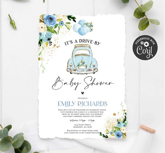 Editable Drive By Baby Shower Invitation Blue Floral Drive ...