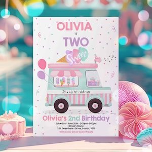 Editable Ice Cream Truck Birthday Invitation Ice Cream Two Sweet 2nd Birthday Party Invitation Two Sweet Ice Cream Party Instant Download YU