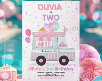 Editable Ice Cream Truck Birthday Invitation Ice Cream Two Sweet 2nd Birthday Party Invitation Two Sweet Ice Cream Party Instant Download YU