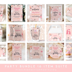 Editable Two Spooky 2nd Birthday Party Invitation Bundle Pink Cute Halloween Ghost 2nd Birthday Party Decor Supplies Kit Instant Download DS
