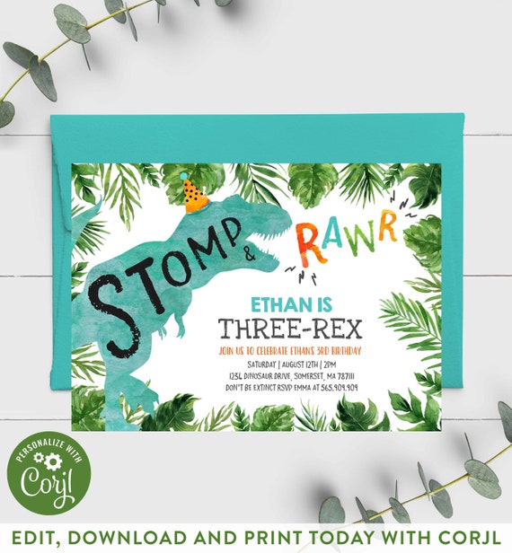 Dinosaur 3rd Birthday Invitation Dinosaur Three-Rex Invitation Blue Boy Dinosaur Third Birthday Instant Download Editable File 15 Il_570xn