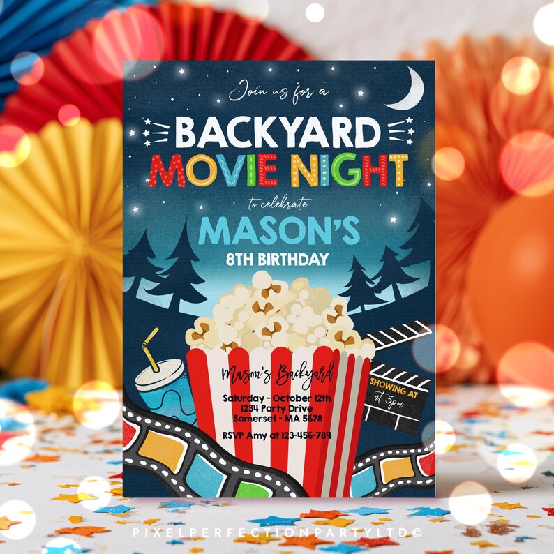 May include: A rectangular invitation for a backyard movie night birthday party. The dark blue background features a crescent moon, stars, and pine trees. A large red and white striped popcorn bucket, a drink, and film strips are illustrated.