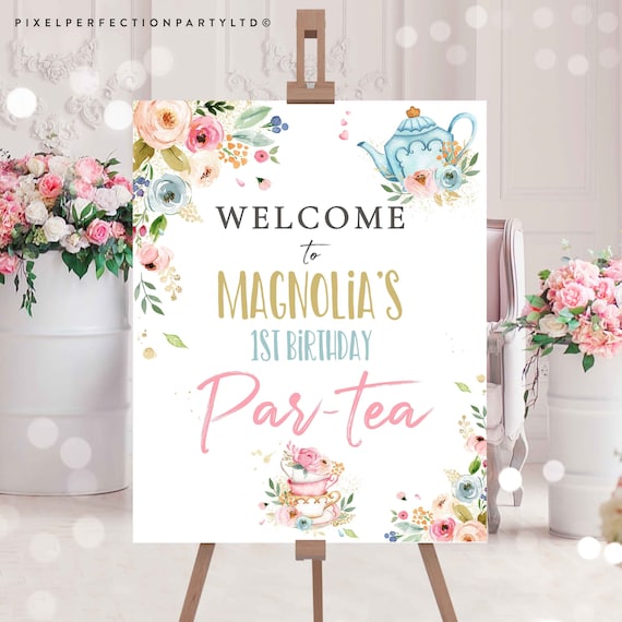 Editable Tea Party Birthday Welcome Sign Pink And Gold Floral Par-Tea Birthday Welcome Sign Floral Whimsical Tea Party Instant Download TR Il_570xn