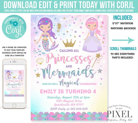Mermaid And Princess Birthday Invitation Magical Princess Mermaid Invite Mermaid Princess Magical Party Instant Download Editable Corjl E3 Il_570xn