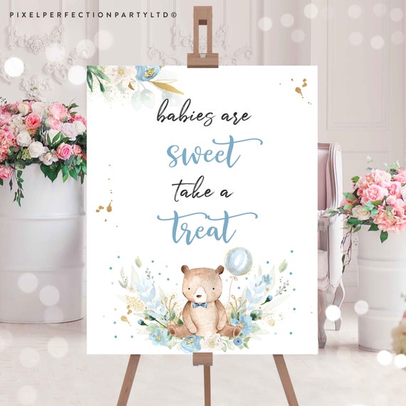 Teddy Bear Baby Shower Table Sign Babies Are Sweet Sign We Can Bearly Wait Baby Shower Signs Blue Floral Boy Teddy Bear Baby Shower TB Il_570xn