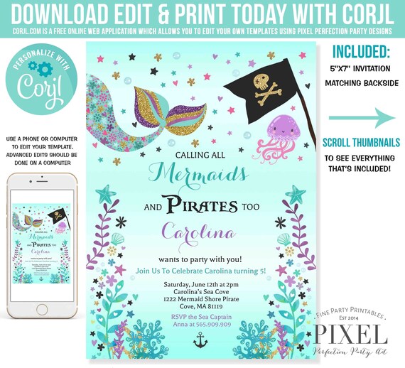 Mermaid And Pirate Invitation Mermaid & Pirate Birthday Invitation Mermaid And Pirate Party Boy Girl Party Instant Download Editable PDF 4I Il_570xn