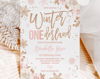 Editable WINTER ONEderland Invitation Pink & Rose Gold Winter ONEderland Invitation Floral Winter ONEderland Party Instant Download LH