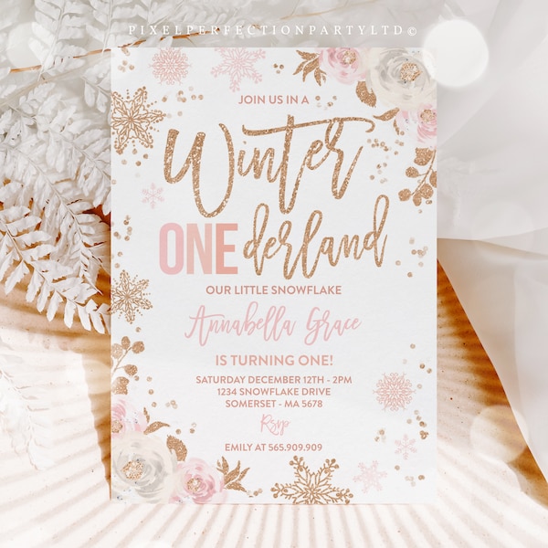 Editable WINTER ONEderland Invitation Pink & Rose Gold Winter ONEderland Invitation Floral Winter ONEderland Party Instant Download LH