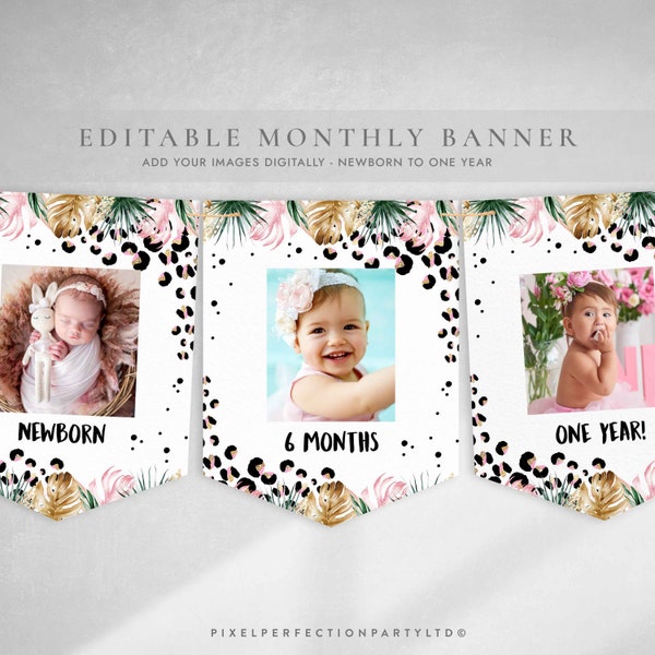 Editable Safari Leopard Print Monthly Photo Banner Safari Animal Print 1st Birthday Banner Jungle Wild One Party Decor Instant Download GY